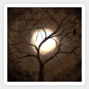 Night owl on tree branch on a spooky night with luminous moon Sticker